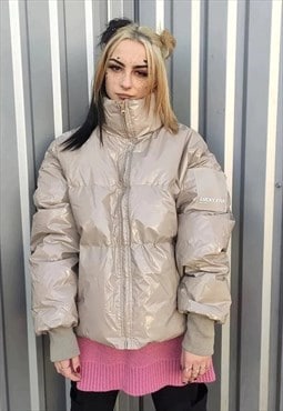 Shiny Plastic cropped bomber quilted puffer jacket in cream