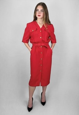 80's Vintage Modiana Red Short Sleeve Military Midi Dress