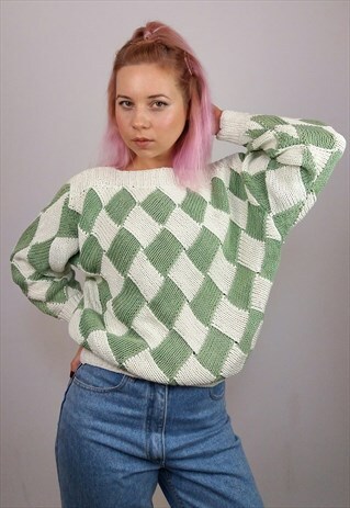 VINTAGE 80'S HARLEQUIN COTTON KNIT JUMPER WHITE GREEN