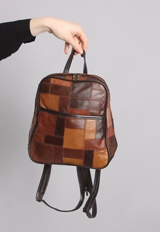 VINTAGE 90S BROWN PATCHWORK LEATHER BACKPACK RUCKSACK