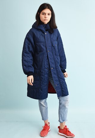 70'S RETRO NAVY BLUE QUILTED WINTER COAT PARKA