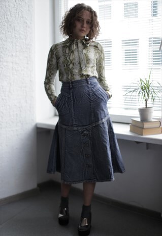 VINTAGE 80'S MIDI BLUE ACID WASH DENIM SKIRT