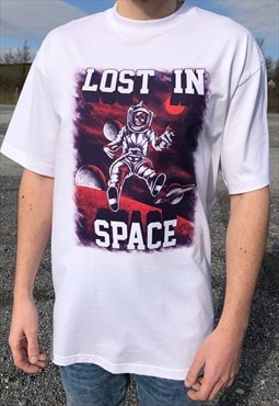 Oversized White T-shirt with graphic design LOST IN SPACE