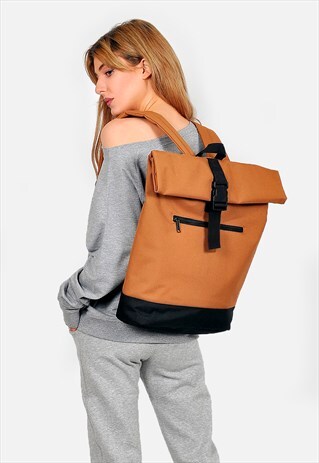 CAMEL ROLL TOP LAPTOP BACKPACK