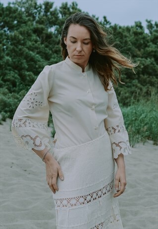 LACE SHIRT BEIGE BLOUSE HIPPIE BELL SHAPED SLEEVE ETHINC TOP