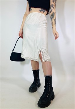 Vintage 90s Satin Lace Cottagecore White Midi Slip Skirt