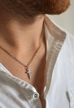 Silver cross necklace for men link chain stainless steel him