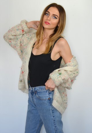 VINTAGE WHITE FLECK MOHAIR WOOL KNITTED CARDIGAN