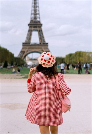 RED BERET WITH CHERRY PIE FELT DETAIL AND POM POM