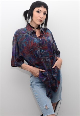 VINTAGE 90'S DARK ABSTRACT FLORAL PATTERNED SUMMER SHIRT