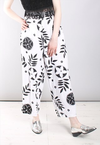 VINTAGE 90S PATTERNED WIDE LEG LINEN TROUSERS