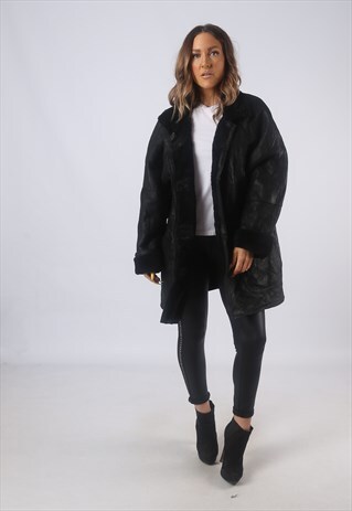 VINTAGE LEATHER SHEEPSKIN SHEARLING COAT UK 16 XL (B3F)