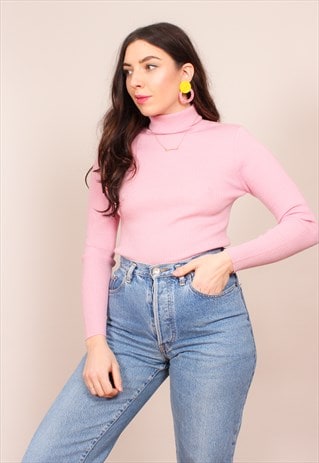VINTAGE 90S RIB KNIT PINK TURTLENECK JUMPER