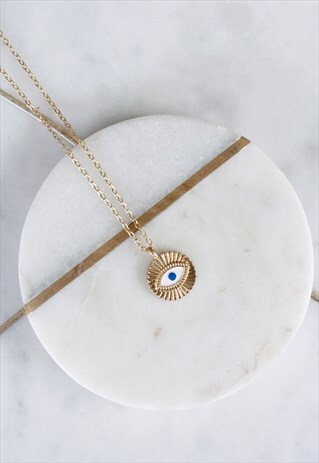 GOLD BLUE EVIL EYE DAINTY CHARM CHAIN PENDANT NECKLACE