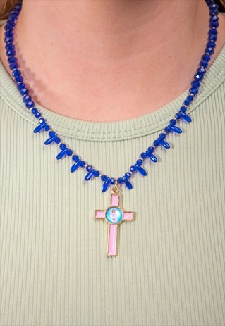 VINTAGE BLUE NECKLACE WITH PINK CROSS