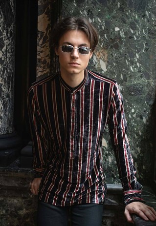 MENS MOD RED/WHITE/BLUE STRIPPED RETRO VELVET KAFTAN SHIRT