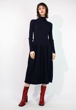 Uniqlo Long Sleeves Wool Midi Dress in Navy Blue XS
