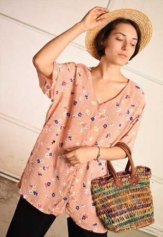 90'S RETRO CHECKS & FLORAL PRINT FESTIVAL PARIS CHIC BLOUSE