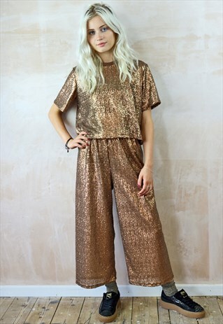 CROP PEG PANTS & TOP CO-ORDINATES IN BUTTERSCOTCH SEQUIN