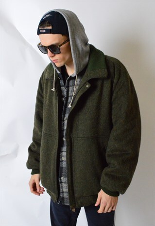 VINTAGE 80S KHAKI GREEN WOOL WINTER JACKET