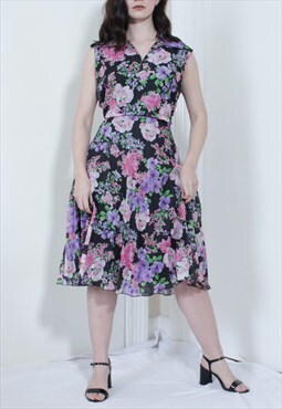 Vintage 70s black pink purple floral midi dress