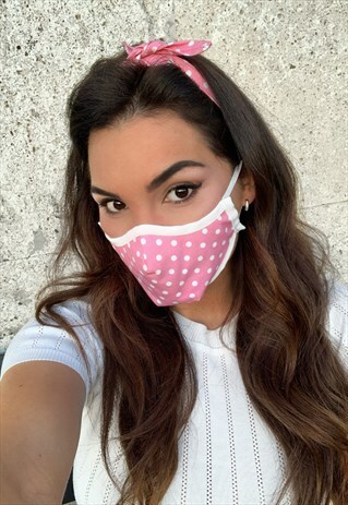 POLKA DOTS THREE LAYER MASK AND HEADBAND PINK GRAY BLACK SET