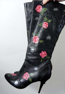 REWORKED Hand Painted Knee High Black Leather Heel Boots