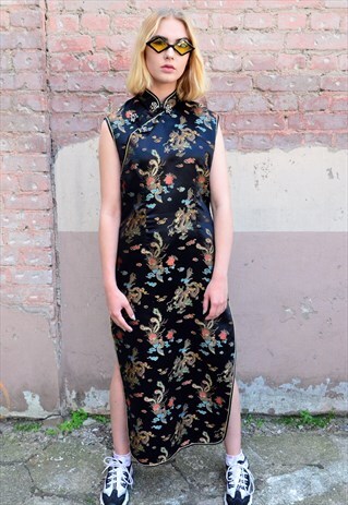 VINTAGE 90S BLACK CHINESE JACQUARD THIGH SLIT DRESS