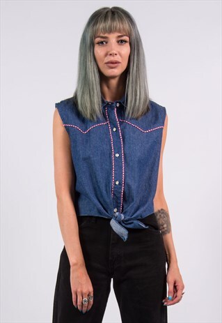 90'S VINTAGE WESTERN DENIM CROPPED TIE SHIRT