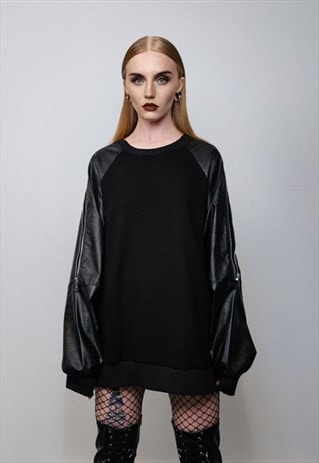 FAUX LEATHER SLEEVES SWEATSHIRT GOTHIC TOP PUNK JUMPER BLACK