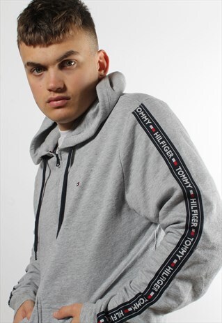 VINTAGE TOMMY HILFIGER GREY FULL ZIP HOODIE WITH TAPE LOGO