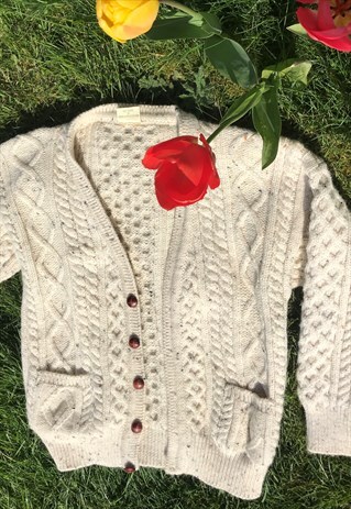 VINTAGE IRISH PURE WOOL KNITTED ARAN CARDIGAN