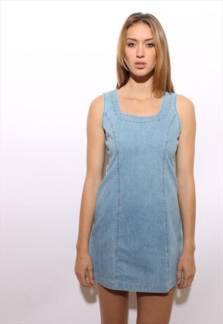 VINTAGE 1990'S 90'S LIGHT WASH BLUE DENIM MINI DRESS S-M