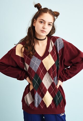 80'S RETRO ARGYLE PATTERN DADS KNIT JUMPER