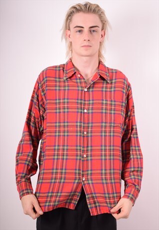 L.L.BEAN MENS VINTAGE FLANNEL SHIRT LARGE RED CHECK 90S