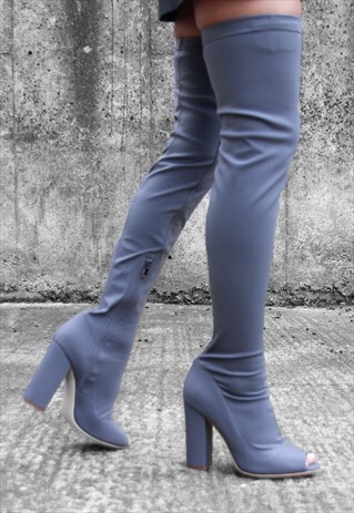 BECKY GREY LYCRA PEEP TOE THIGH HIGH BOOTS
