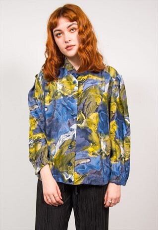 VINTAGE 90'S BLUE & GREEN PAISLEY COLLARLESS SILKY BLOUSE