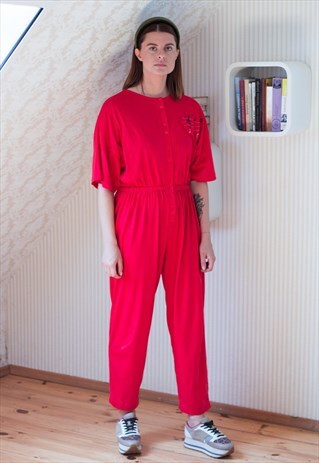 BRIGHT RED LONG COTTON JUMPSUIT