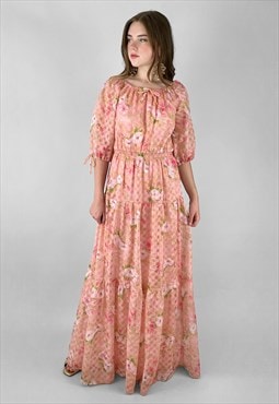 70's Vintage Lace Floral Pink Ladies Maxi Dress