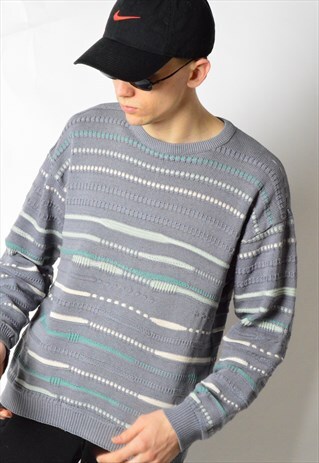 VINTAGE 90S GREY COLOURFUL STRIPED TEXTURED JUMPER