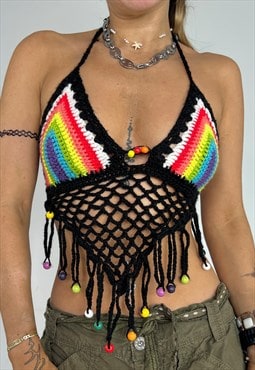 Vintage Y2k Top Crochet Beaded Halter Festival Carnival 90s