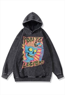 Skeleton print hoodie grunge pullover skull top in acid grey