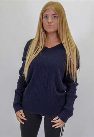 VINTAGE TOMMY HILFIGER V-NECK SWEATER IN BLUE XL