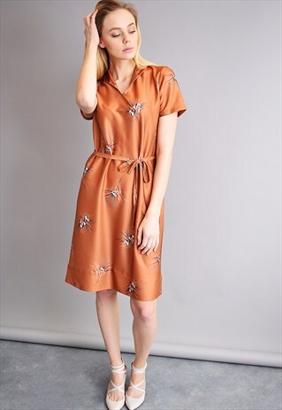 VINTAGE 70'S MOD BROWN FLORAL PATTERN ELEGANT MIDI DRESS