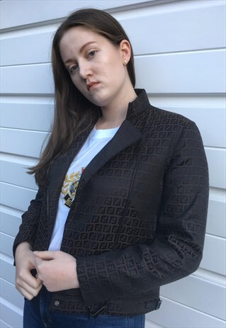 WOMENS VINTAGE FENDI JACKET BROWN MONOGRAM PRINT BIKER COAT