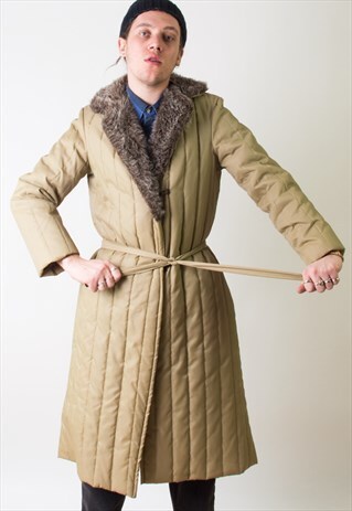 PUFFY BELTED COAT WITH FURRY LAPEL COLLAR