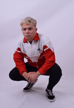 VINTAGE 80'S RED & WHITE SPORTS FULL ZIP TOP JACKET MEDIUM