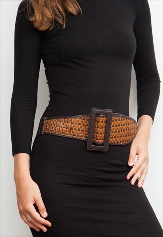 WIDE VINTAGE BROWN RAFFIA BELT