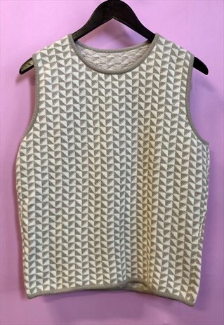 VINTAGE SLEEVELESS GREY AND WHITE GEOMETRIC KNIT VEST TOP