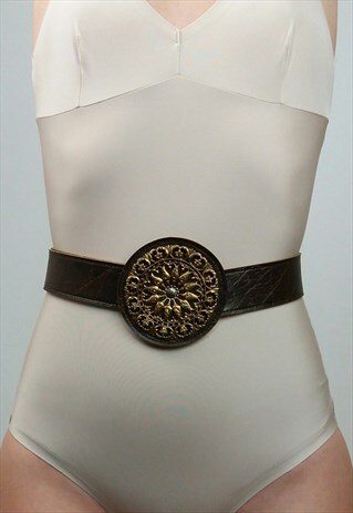 VINTAGE 70'S ART DECO GOLD ORNAMENT FAUX LEATHER BELT